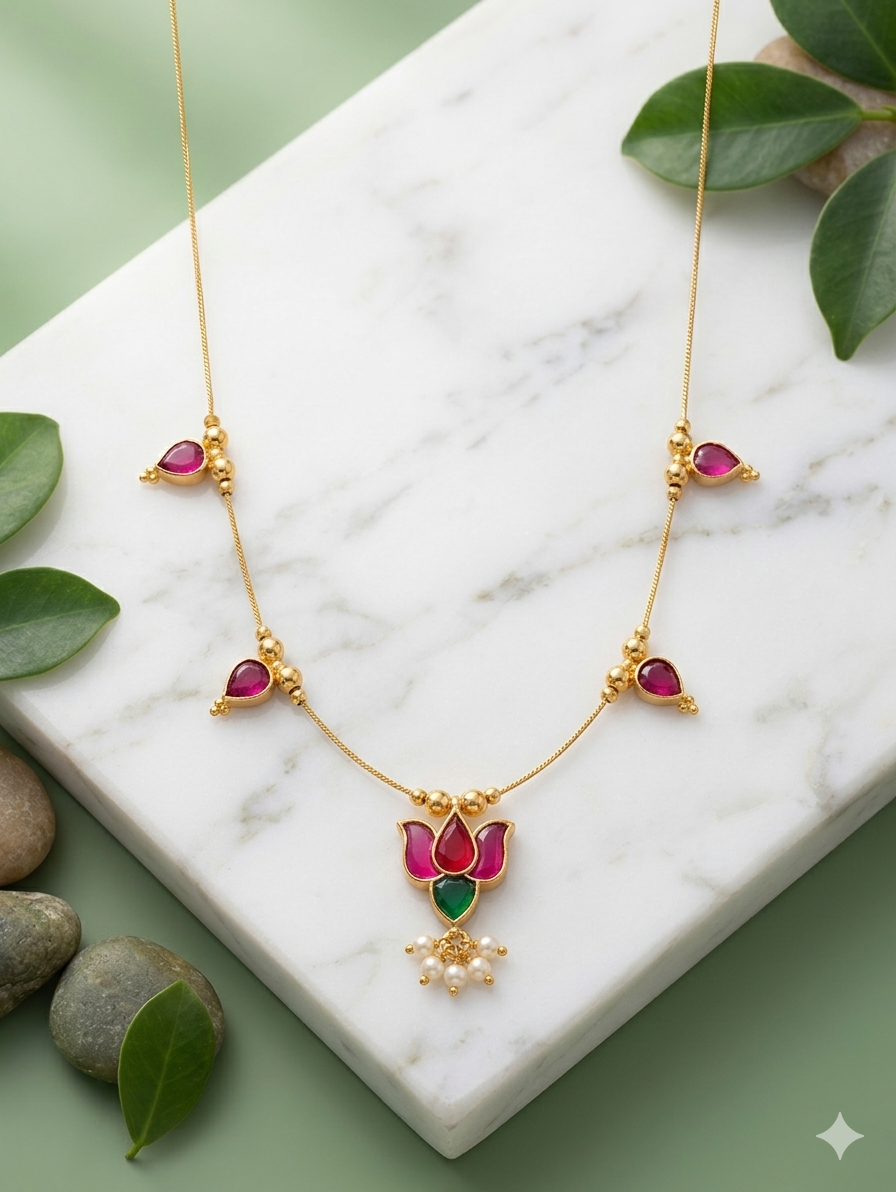 Exquisite Lotus Floral Ruby-Emerald Gold-Toned Necklace with Pearl Accents