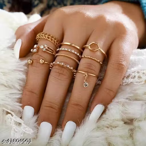 Elegant Gold-Plated Rings Set for Women & Girls | Chic Stackable Finger Rings Combo (Set of 8)