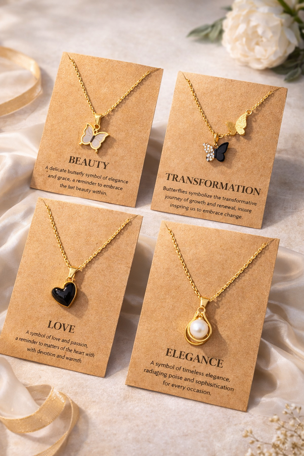 Elegant 4-in-1 Gold Pendant Necklace Set for Women (Butterfly, Heart, Pearl & Dual Butterfly)