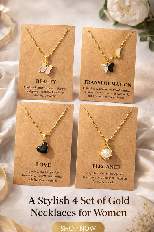 Elegant 4-in-1 Gold Pendant Necklace Set for Women (Butterfly, Heart, Pearl & Dual Butterfly)