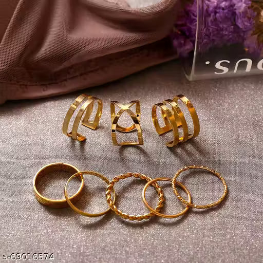 Luxury Gold-Plated Rings Set for Women & Girls | Elegant Stackable Finger Rings Combo (Set of 7)