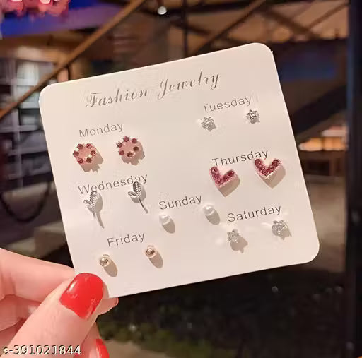 Pack of 7 Weekly Stud Earrings | Stud Earring Combo | Designer Western Earrings | Stylish Korean Earring Collection in Gold-Plated for Women & Girls