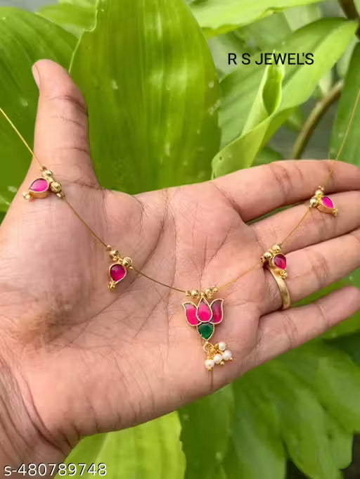 Exquisite Lotus Floral Ruby-Emerald Gold-Toned Necklace with Pearl Accents